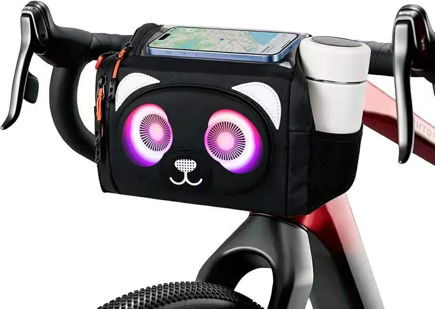 Handlebar bag with LED eyes and phone holder